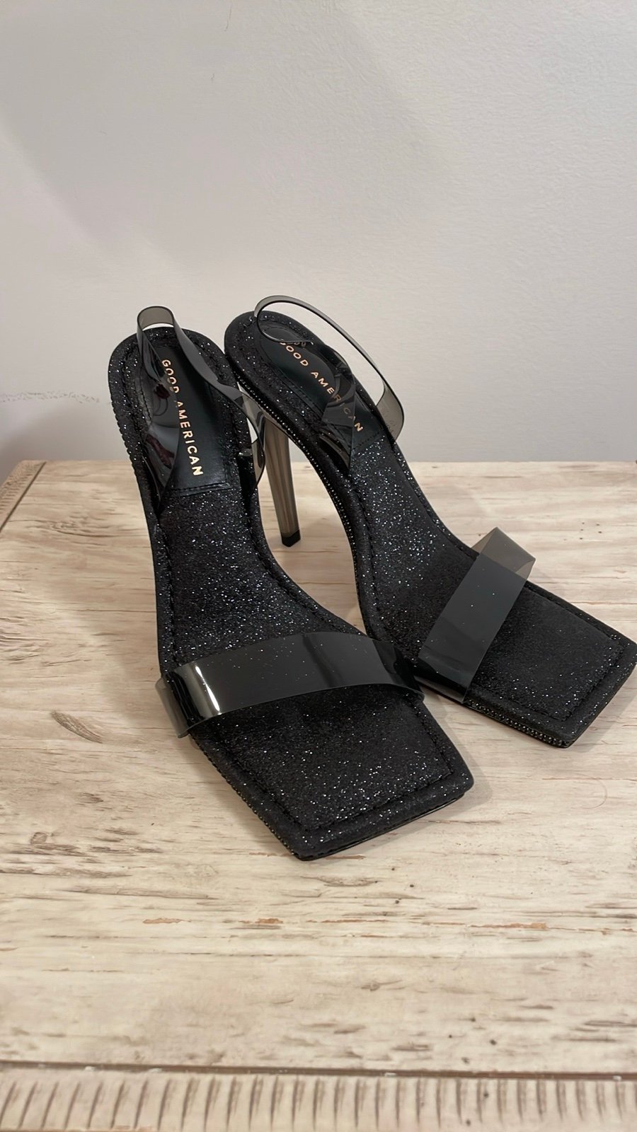 Good American Crystal Crush Lucite Sparkle Sling Back Ultra High Heels