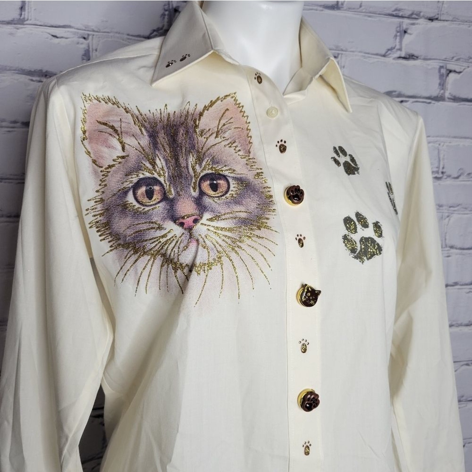 VTG Glitter Kitty Button Down Shirt Paw Print Button Covers, size Small (6/8)