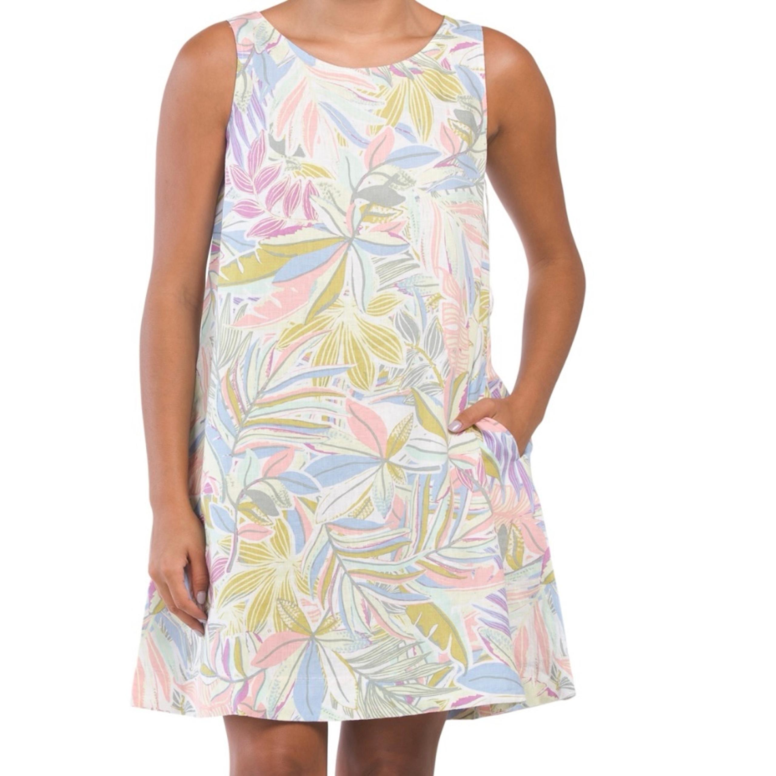 C&C California 100% Linen Floral Tropical Trapeze Dress Pockets, Easter, Spring,