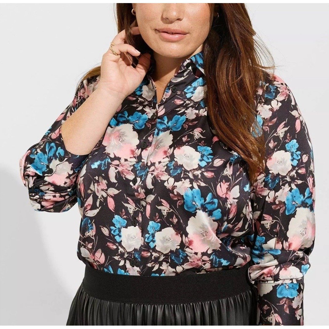 Torrid Madison Women's Satin Floral Button-Up Long Sleeve Shirt Size 3 22-24 NWT