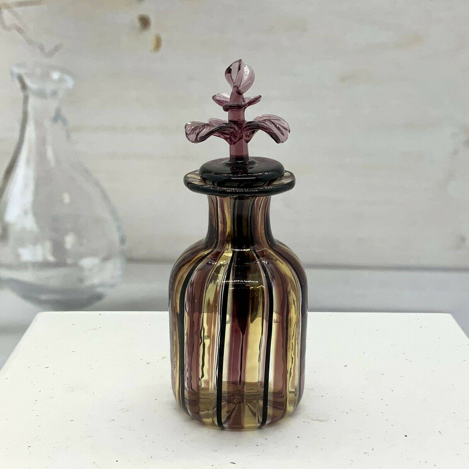 Vintage Murano Hand Blown Art Glass Purple/Gold Stripe Perfume Bottle Floral Top