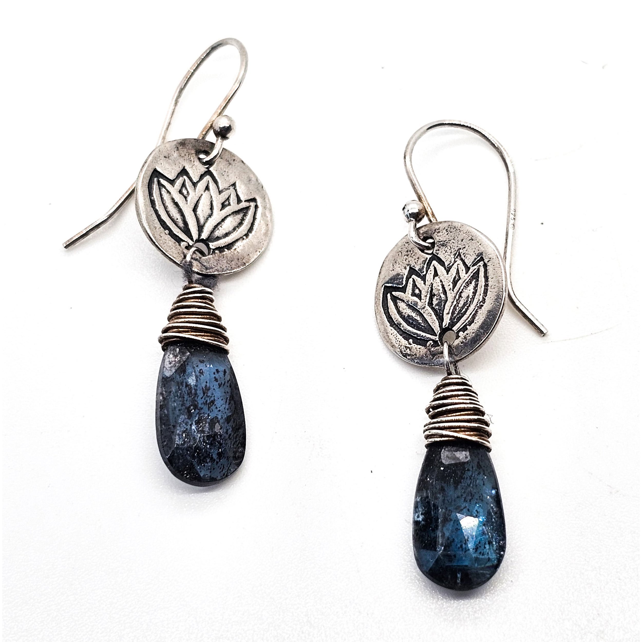 Blue Kyanite gemstone lotus flower sterling silver drop earrings