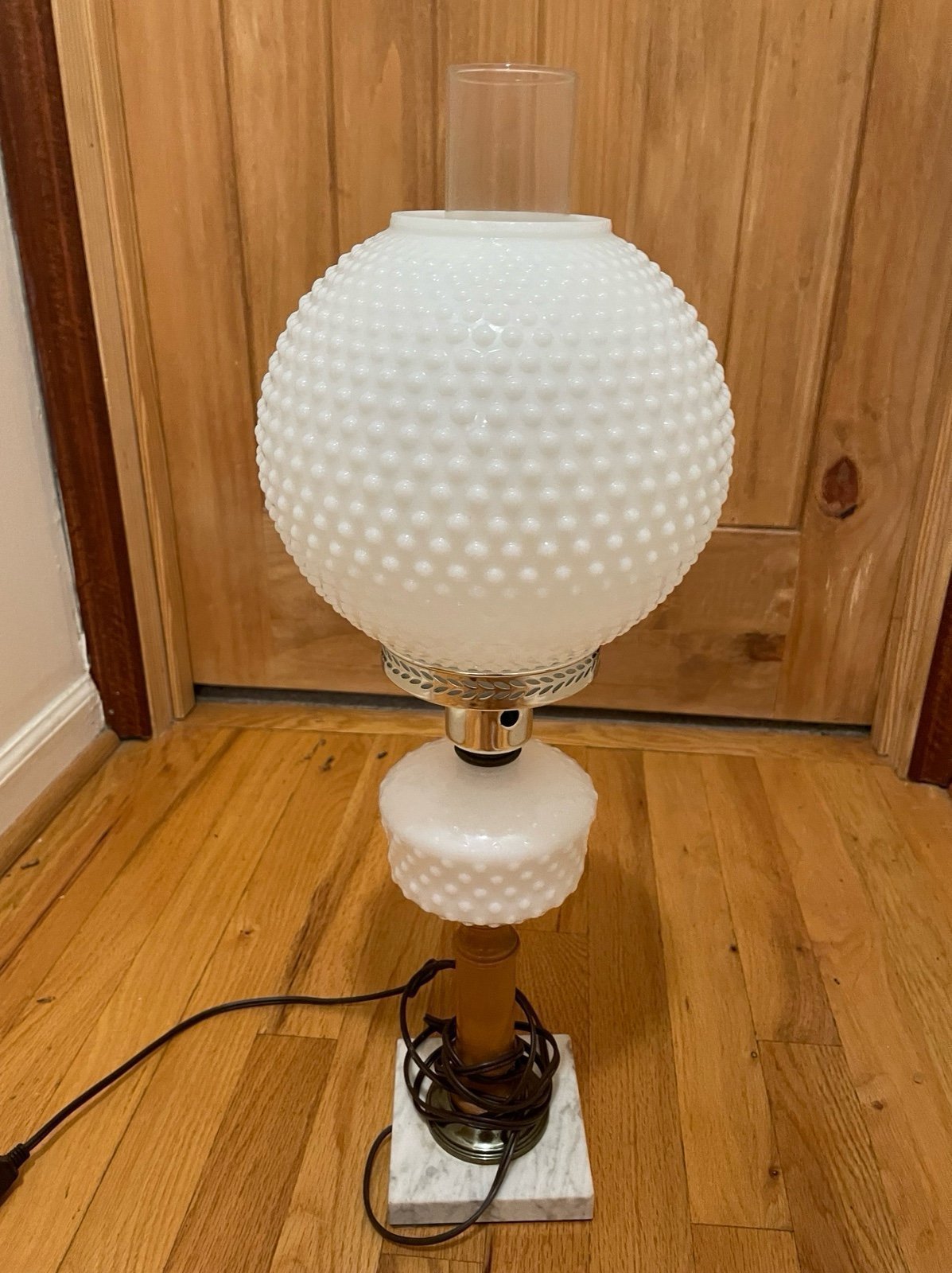 Rare Antique Hobnail GWTW with Wooden Base Lamp 20H