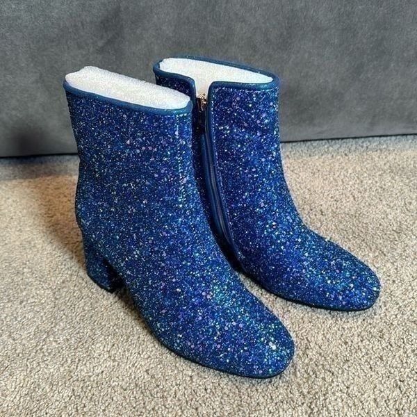 Women’s Blue Glitter Covered Sparkly Chunky Heeled Boots Size 6.5 NEW