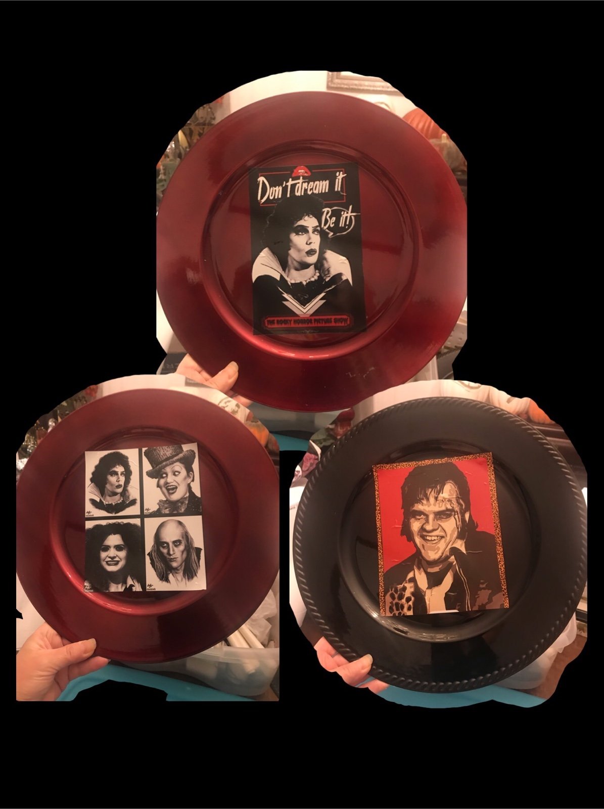 Set of 3 custom made Rocky Horror vinyl platters 13” made with waterproof decal