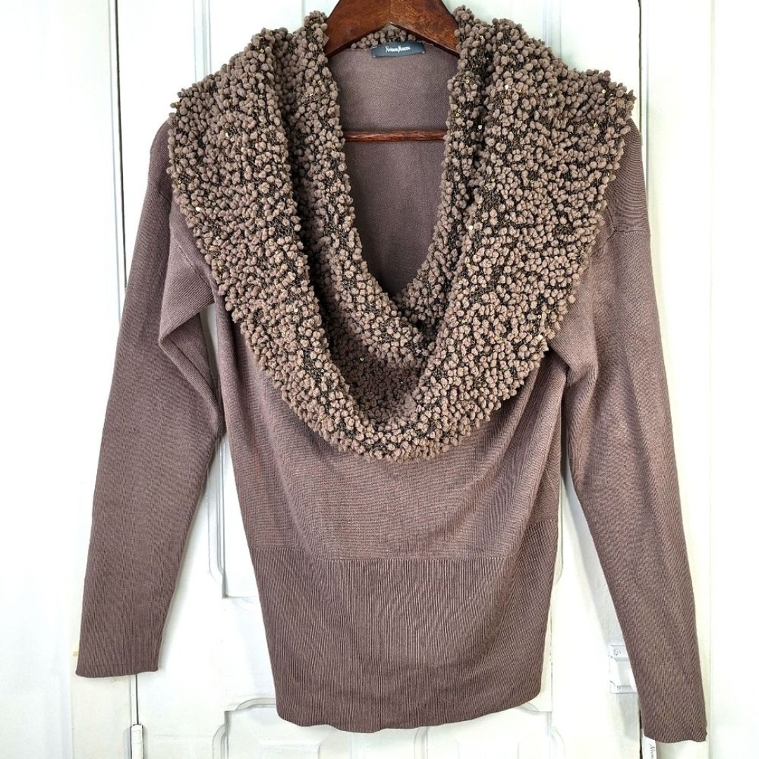 NWT Neiman Marcus Taupe Cowl Neck Pom-Pom Long Sleeved Sweater Sz S