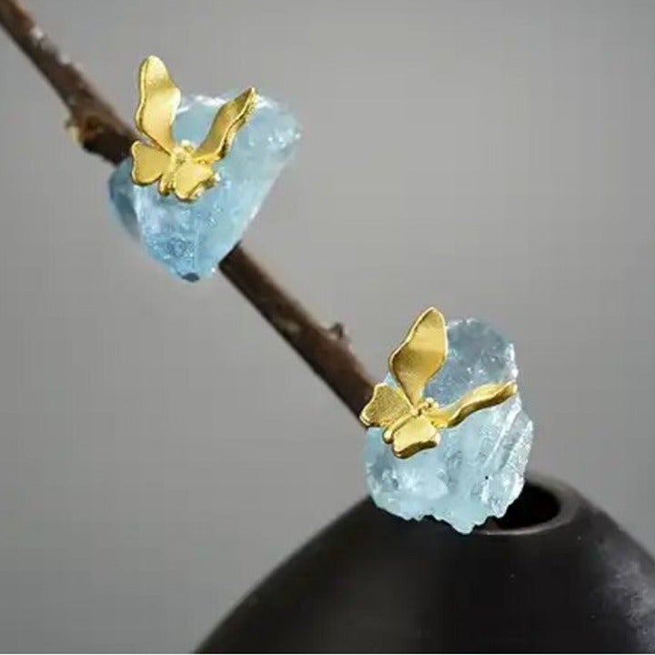 925 Silver Artisan Handmade Natural Aquamarine Butterfly The Zahir Ear…