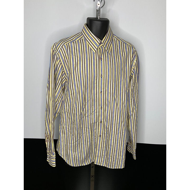 Large Robert Graham yellow blue stripes embroidered cuff L/S dress shirt
