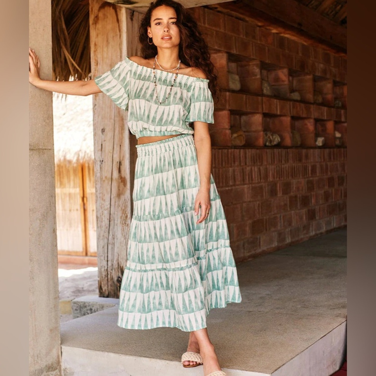 Marine Layer Geo Gauzy Cotton Corrine Skirt L and Nora Off Shoulder Top XL Set