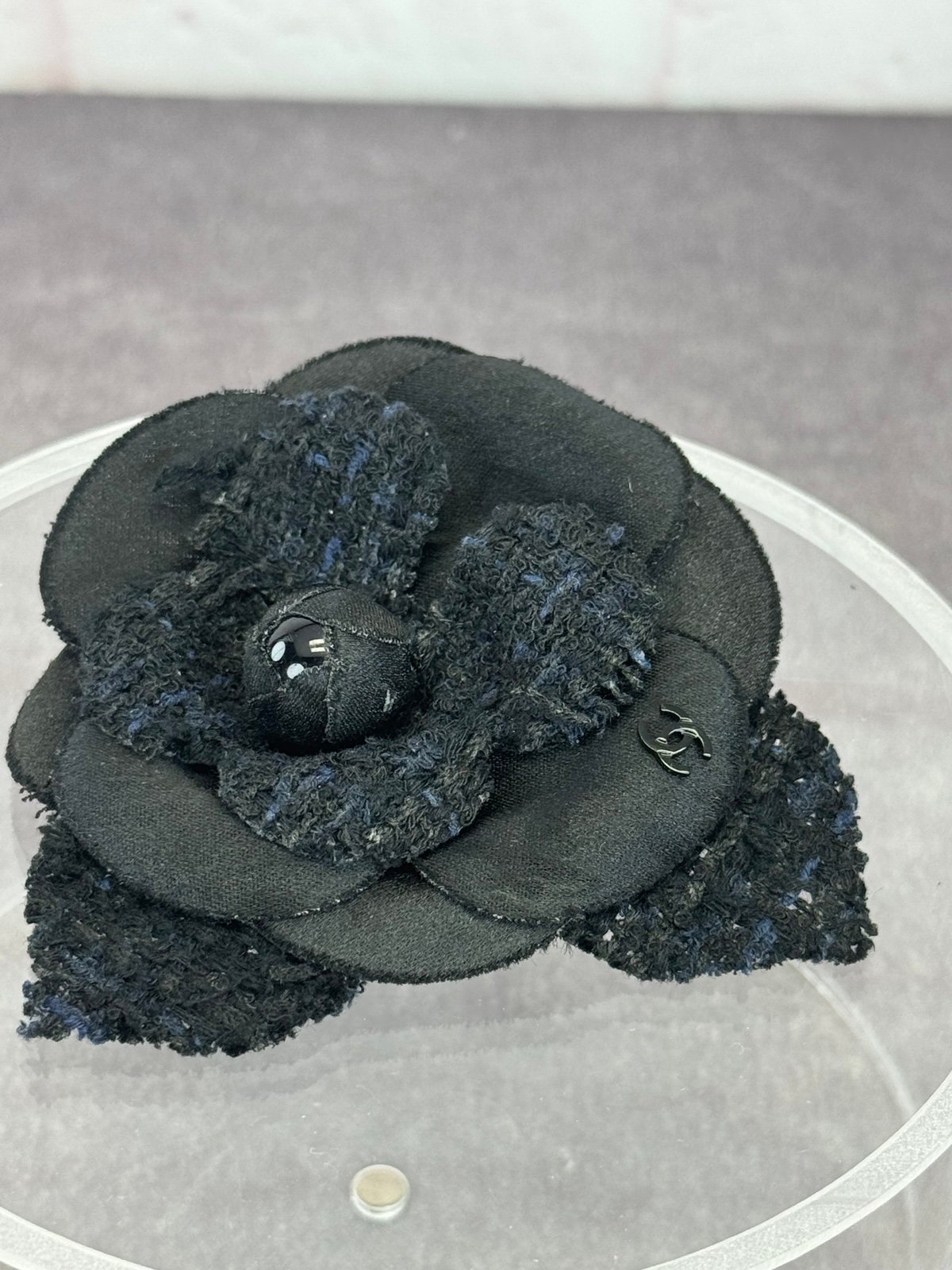 Chanel Black Tweed Camellia Brooch