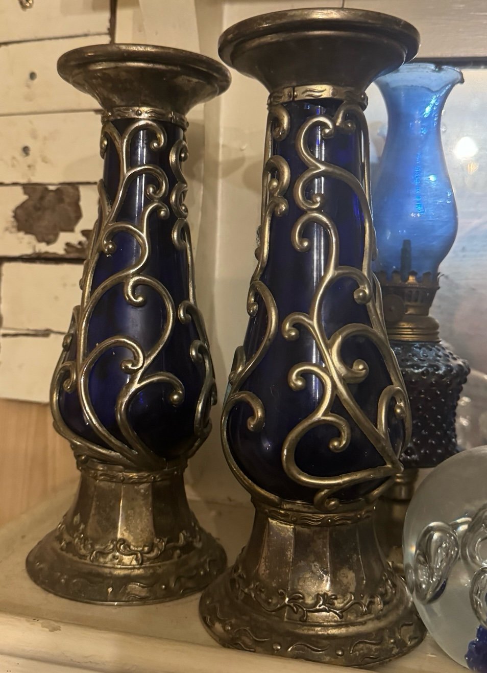 Vintage Cobalt & Pewter? Candle Holders