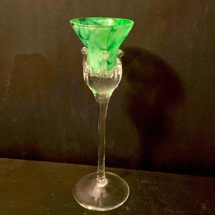 Art Glass Candle Holder Green Flower Clear Stem 9.5 ” Tall