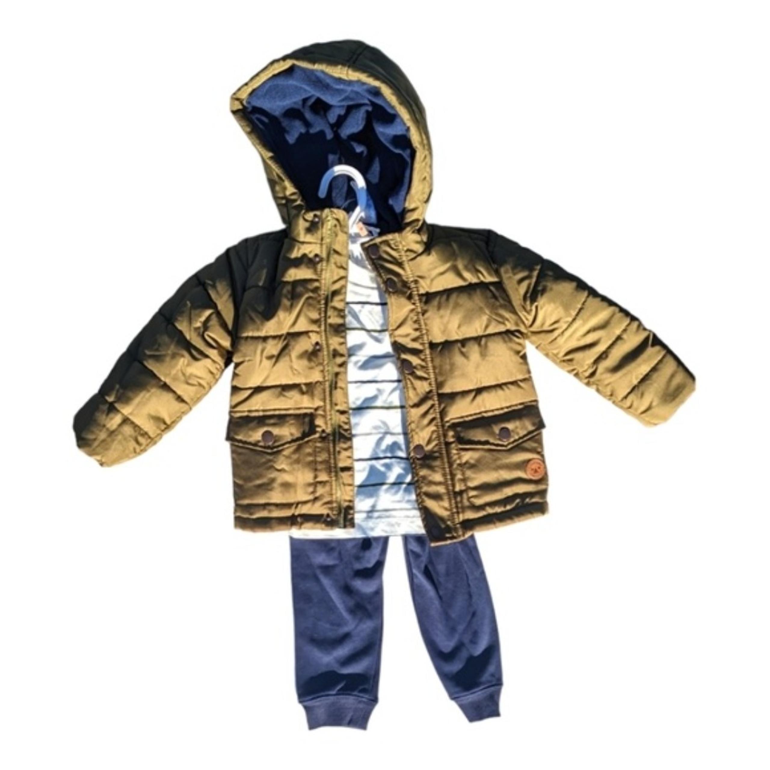 Little Me Boys 2T Olive Puffer, Long Sleeve Striped T and Blue Sweatpant Set