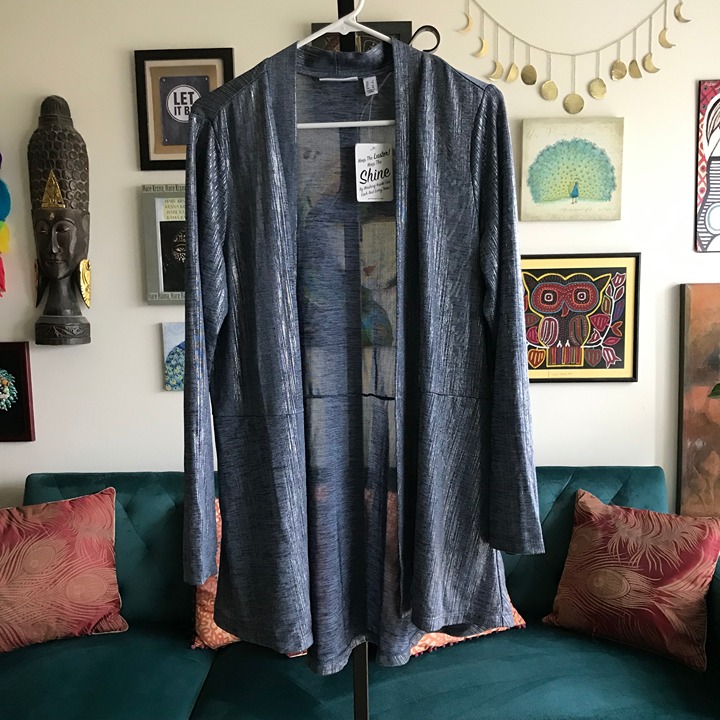 SUSAN GRAVER size L Blue Stretch Luster Liquid Knit Draping Open Cardigan Jacket