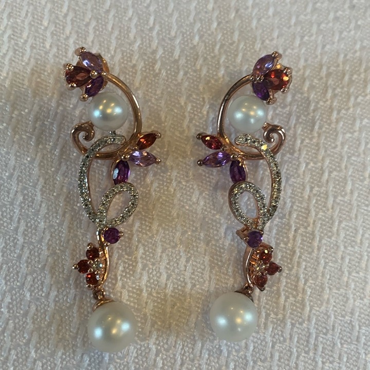 STS Rose Gold Tone 925 Silver Drop Earrings with Pearls, Amethysts, Ruby, and CZ