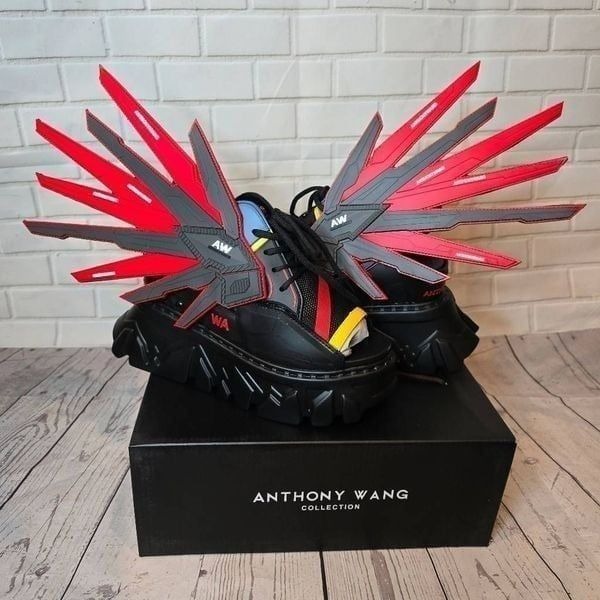 Anthony Wang Punk Rave Black Wedge Women Winged Open Toe Platform Sandals 7