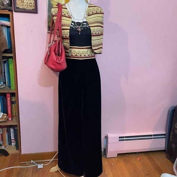 Vintage 1970s Black Velvet High Rise Wide Leg Trousers and Cropped Bolero Set
