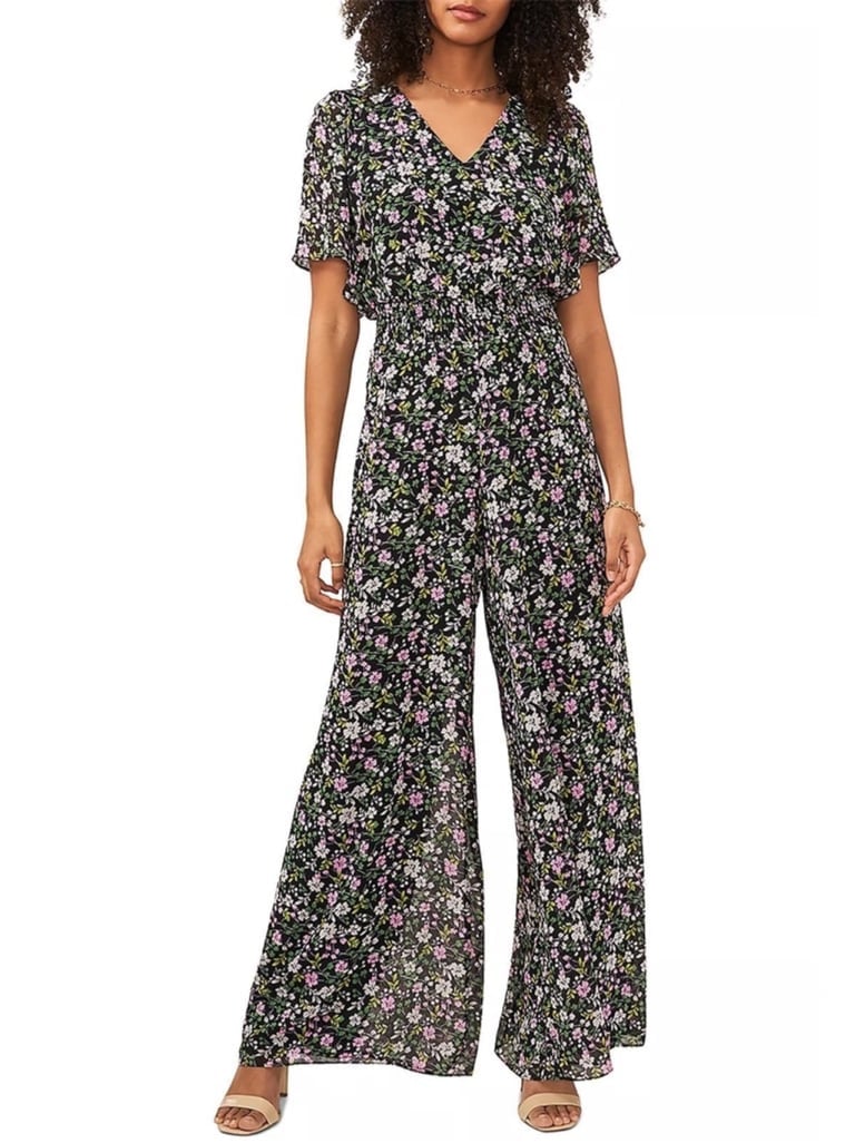 Vince Camuto Floral Smocked Jumpsuit Size S Rich Black Blooming Brights