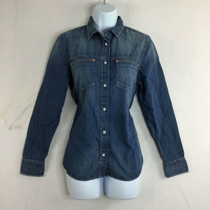 Diesel Women's Blue Solid Button Up Shirt Casual Spread Collared Size S