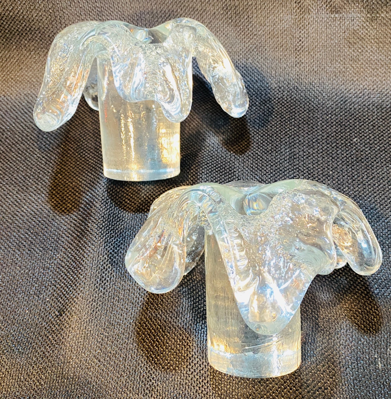 (2) BLENKO GLASS CO. Candle Holders Don Sheppard Design Ice Flow Textured
