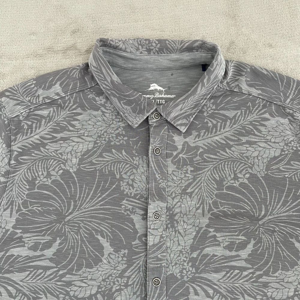 Tommy Bahama Shirt Men 2XL Grey Floral Hawaiian Hibiscus Vacation Short Sleeve