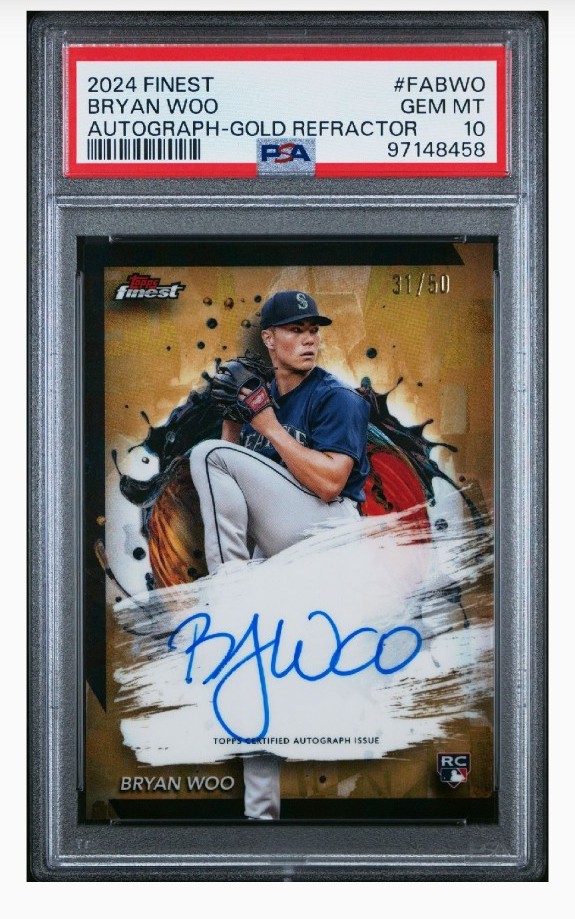 2024 Topps Finest Autographed Card #FA-BWO Gold /50 Mariners Bryan Woo RC PSA 10