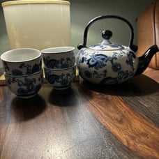 Pier One Blue China Tea Set Teapot and 4 Tea Cups