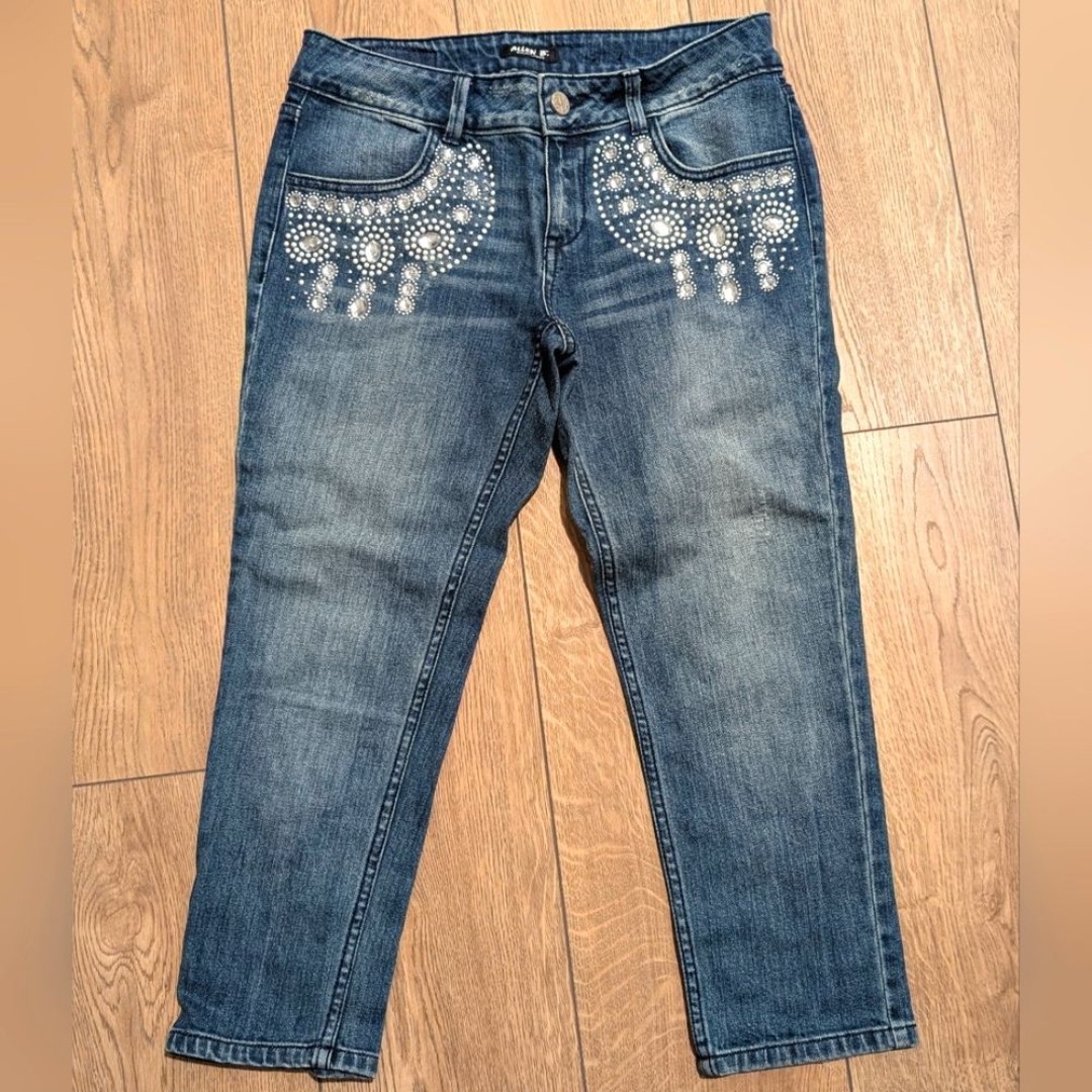 Allen B Schwartz Capri Denim Jeans Womens 8 BLING Rhinestones Crystals