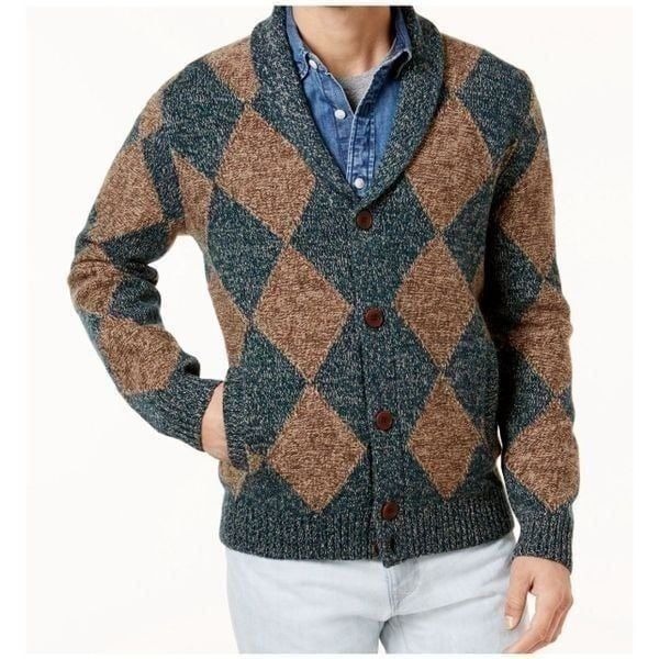 Tommy Hilfiger Cardigan Sweater Mens Size L Green Argyle Pockets Lambswool