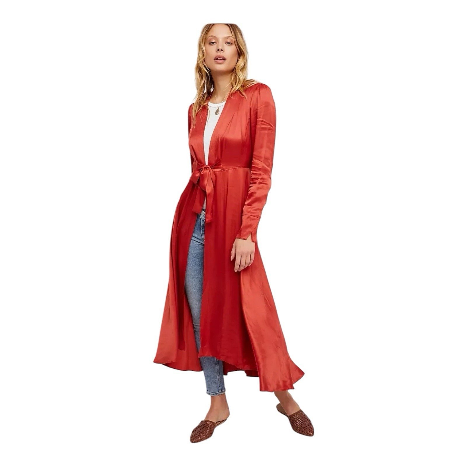 Free People Marilyn Satin Duster Red Tie Waist Long Layering Jacket Size Xs