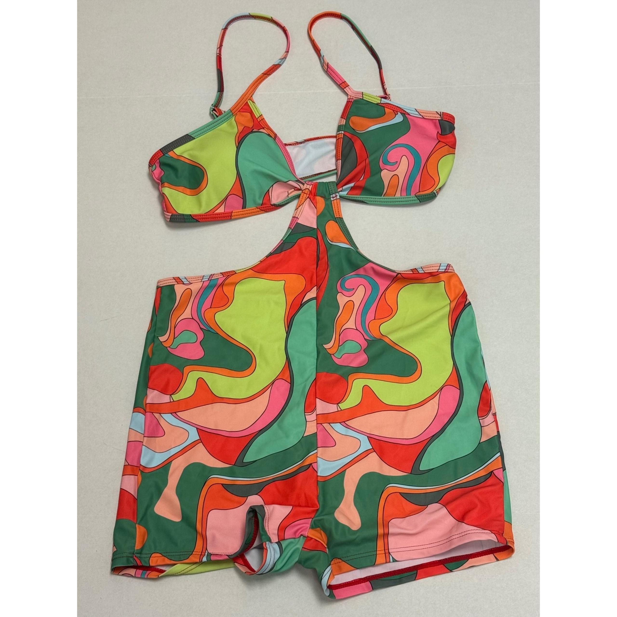 Shein Retro Print Swimsuit Romper Cutout One Piece Colorful Medium