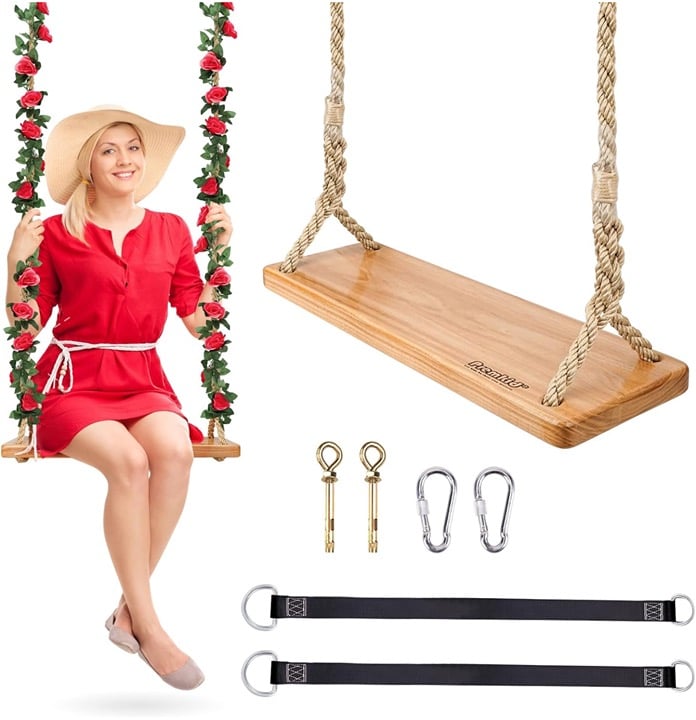 Hanging wooden swing With Fake Flower Garland