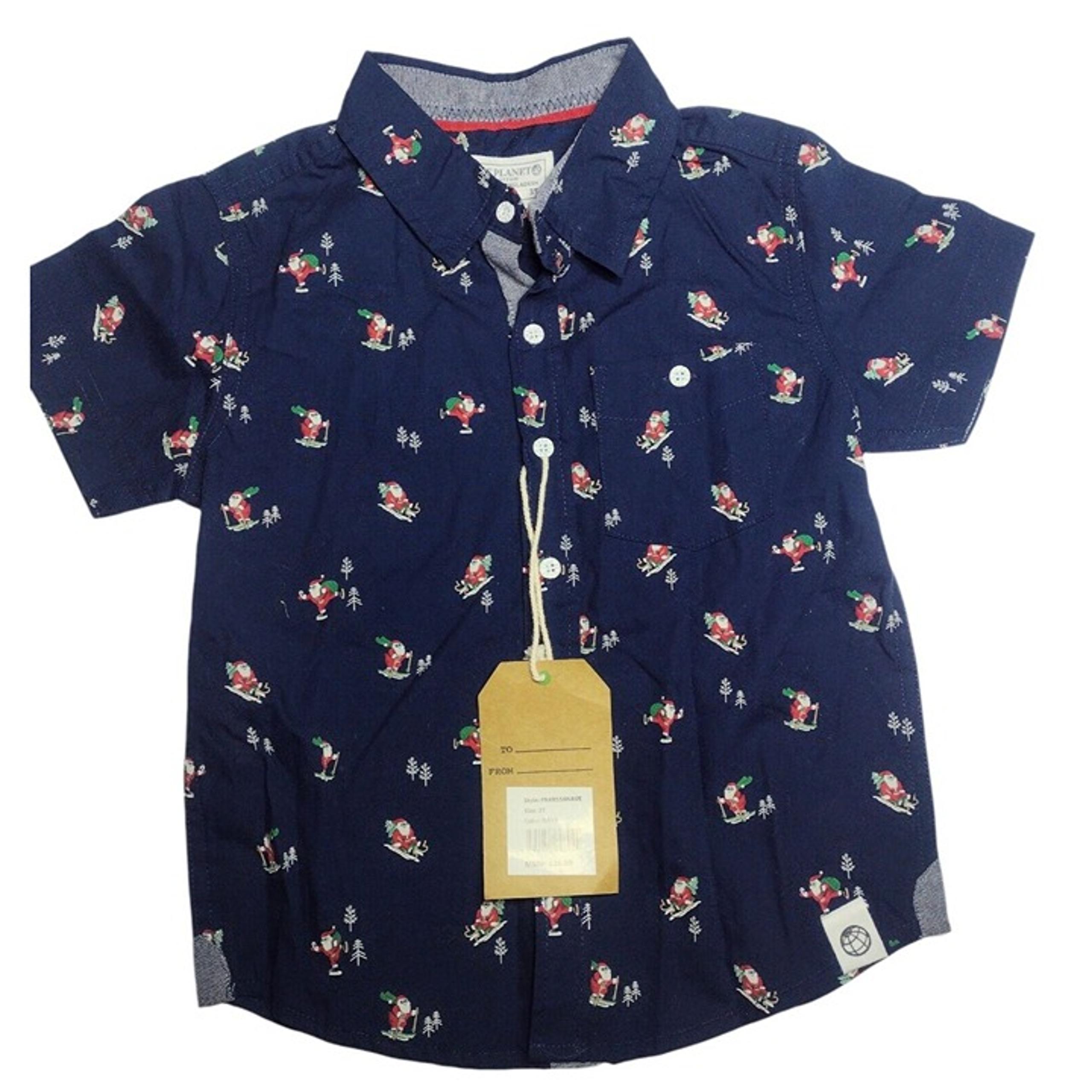 Free Planet Skiing Santa Christmas Shirt Toddler Boys Size 3T Blue Button Up NEW