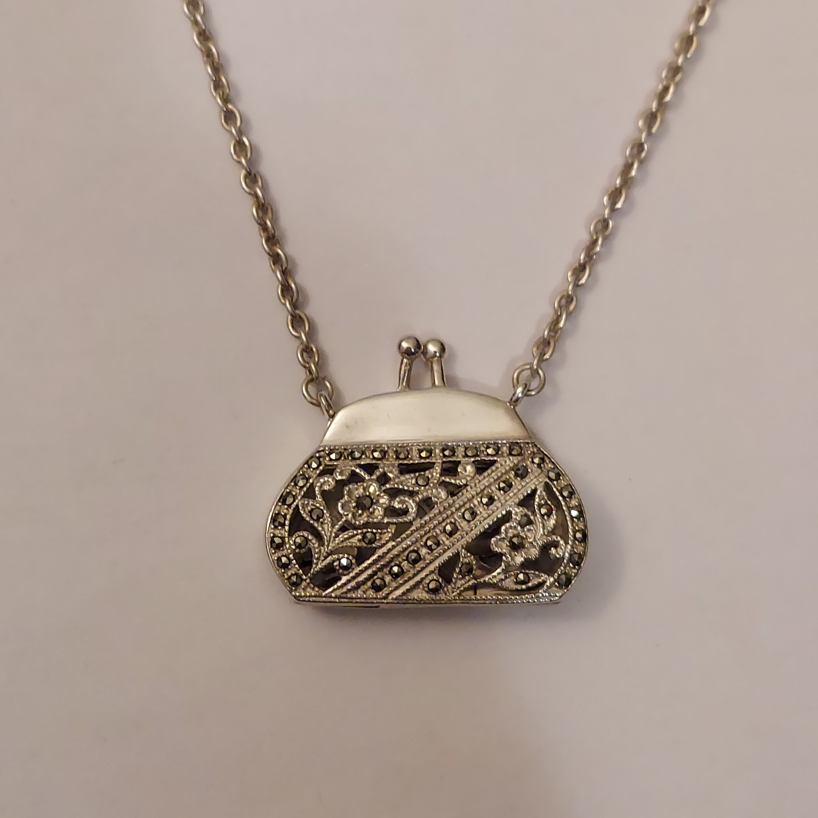 Vintage 925 Sterling Silver Marcasite Purse Locket Aroma Pendant Necklace