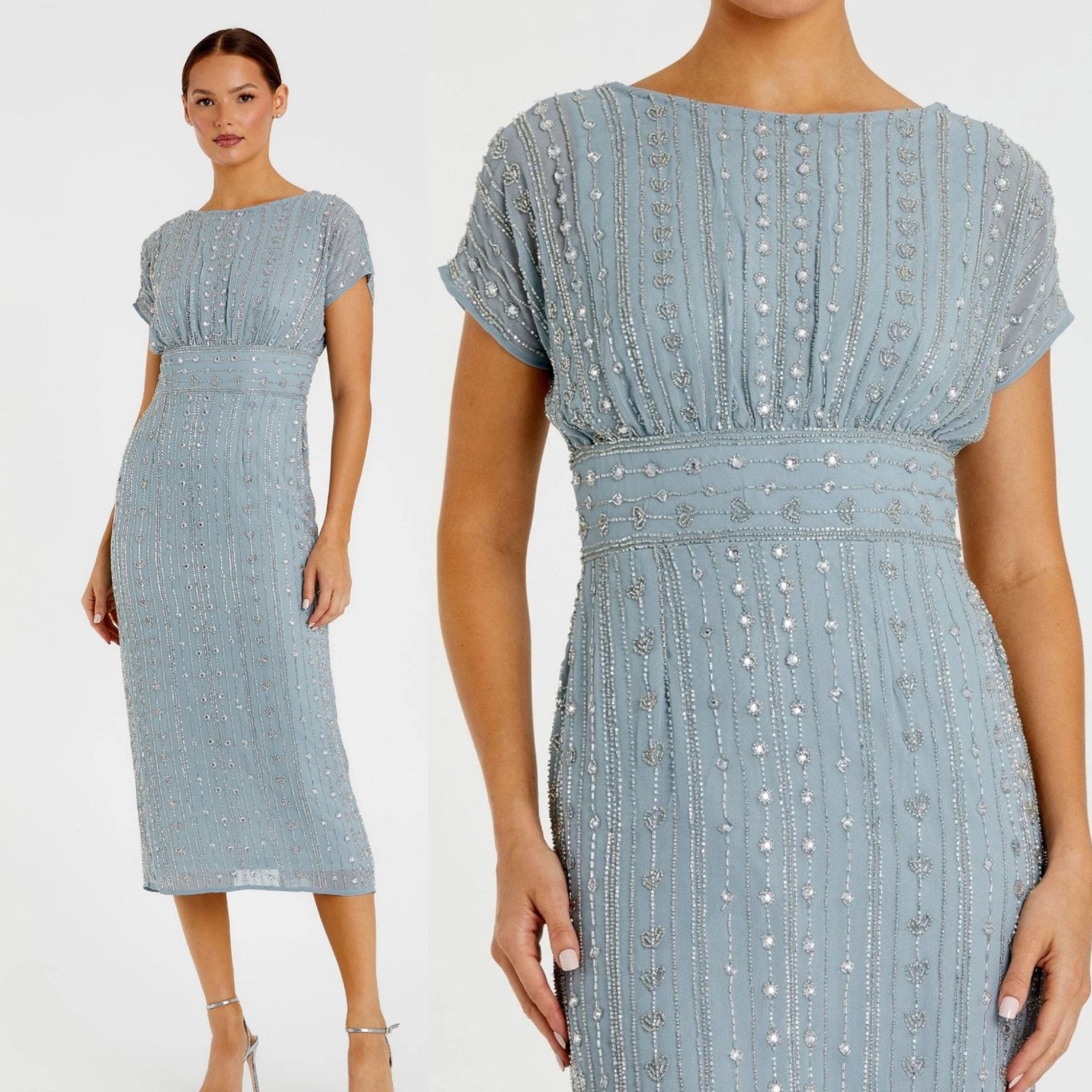 Mac Duggal 93649 Slate Blue 8 Short Sleeve Bead Empire Waist Formal Midi Dress