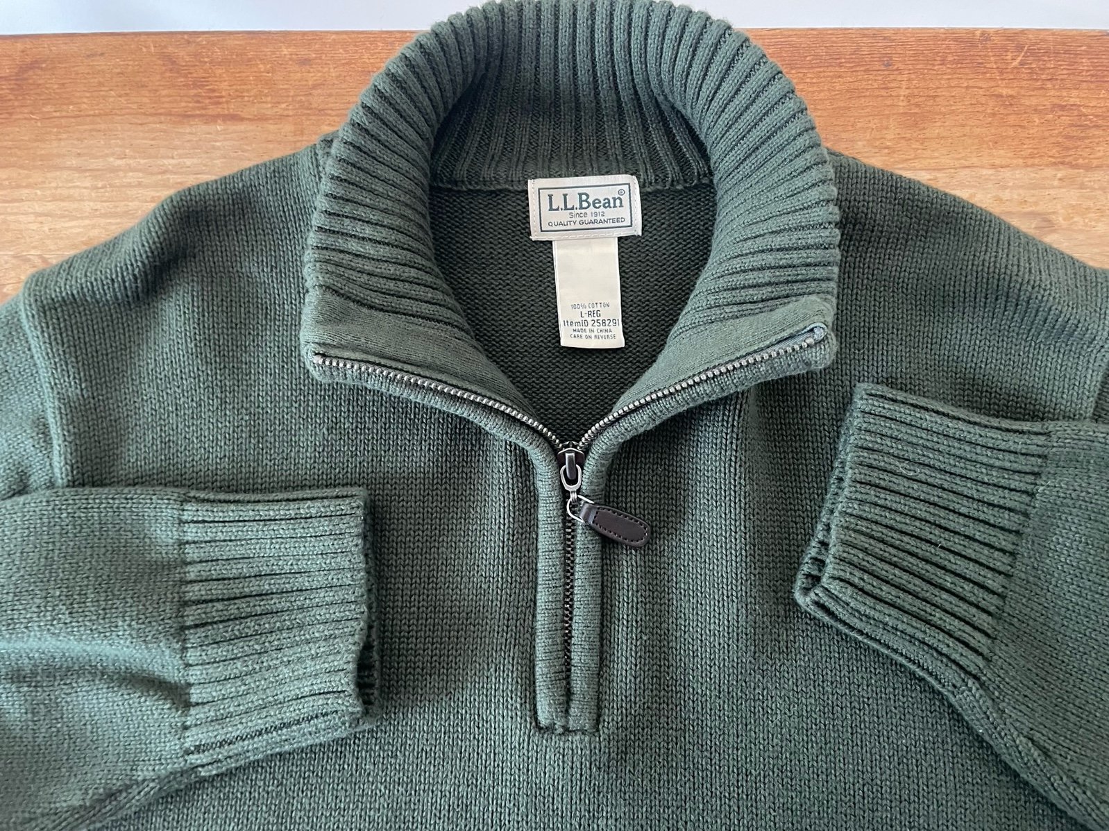 LL Bean 100% Cotton Sweater Quarter Zip Pullover Classic Green Men’s Sz L