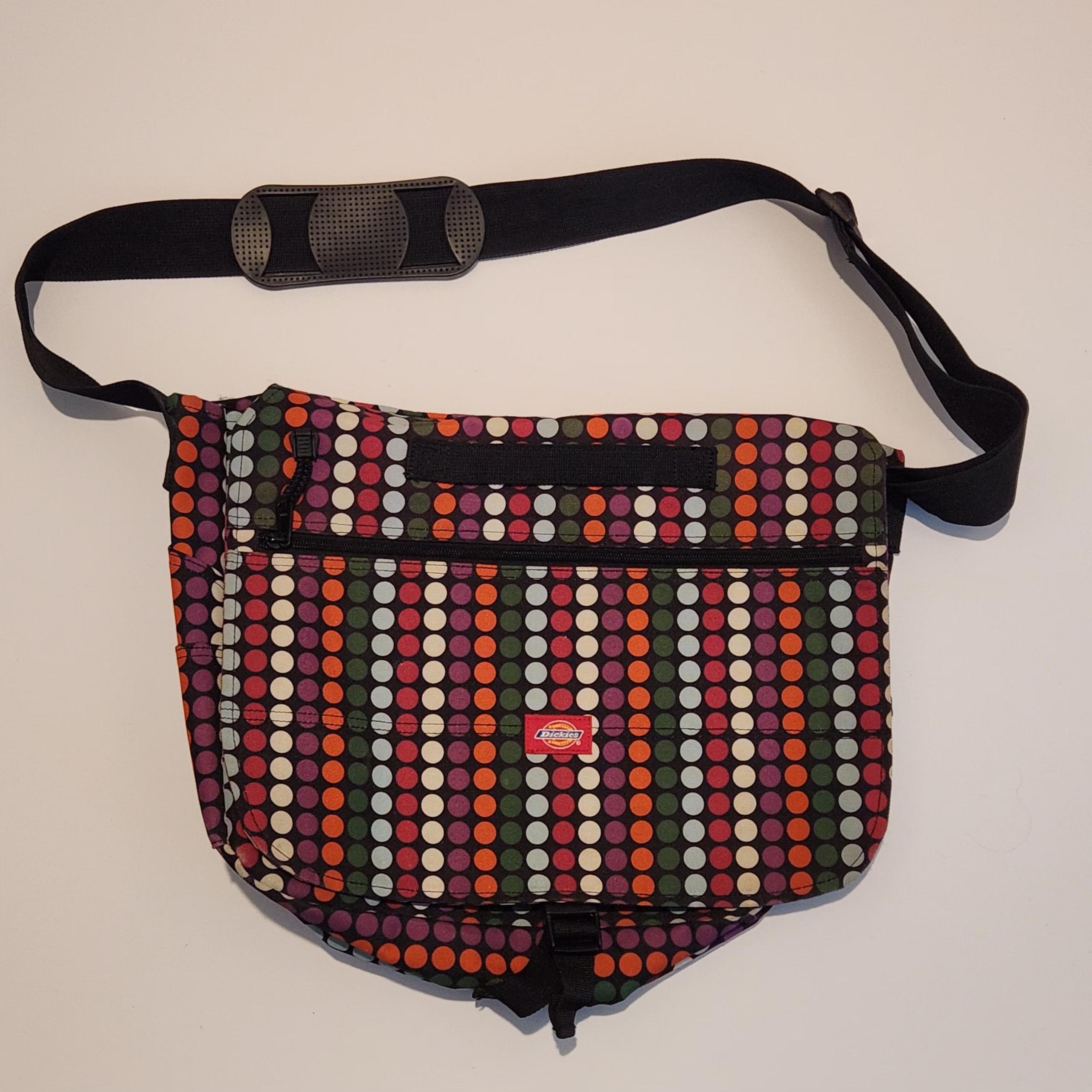 DICKIES Messenger Laptop Crossbody Bag Black W/ Multi-Colored Polka Dots