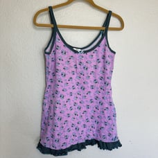 VTG Free People Chemise M Purple Floral Cotton Knit Stretch Ruffle Cottagecore