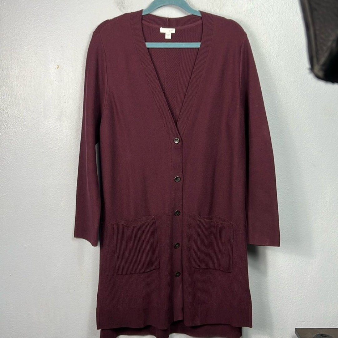 J. Jill Wine Maroon V-Neck Long Cardigan Sweater Large Petite
