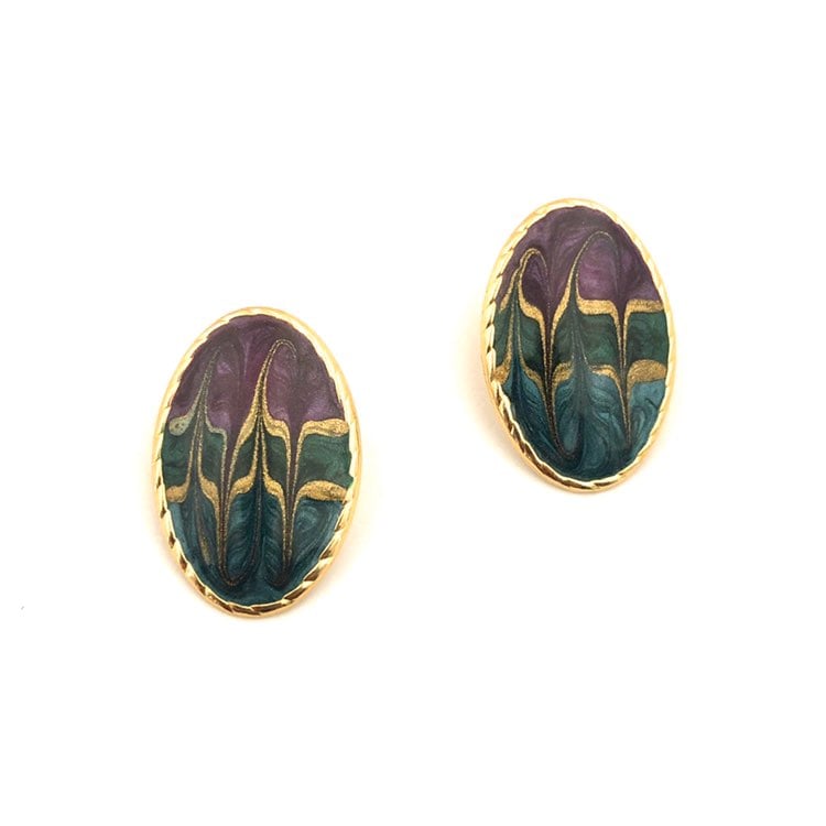 Vintage Enamel Oval Gold Earrings 80s
