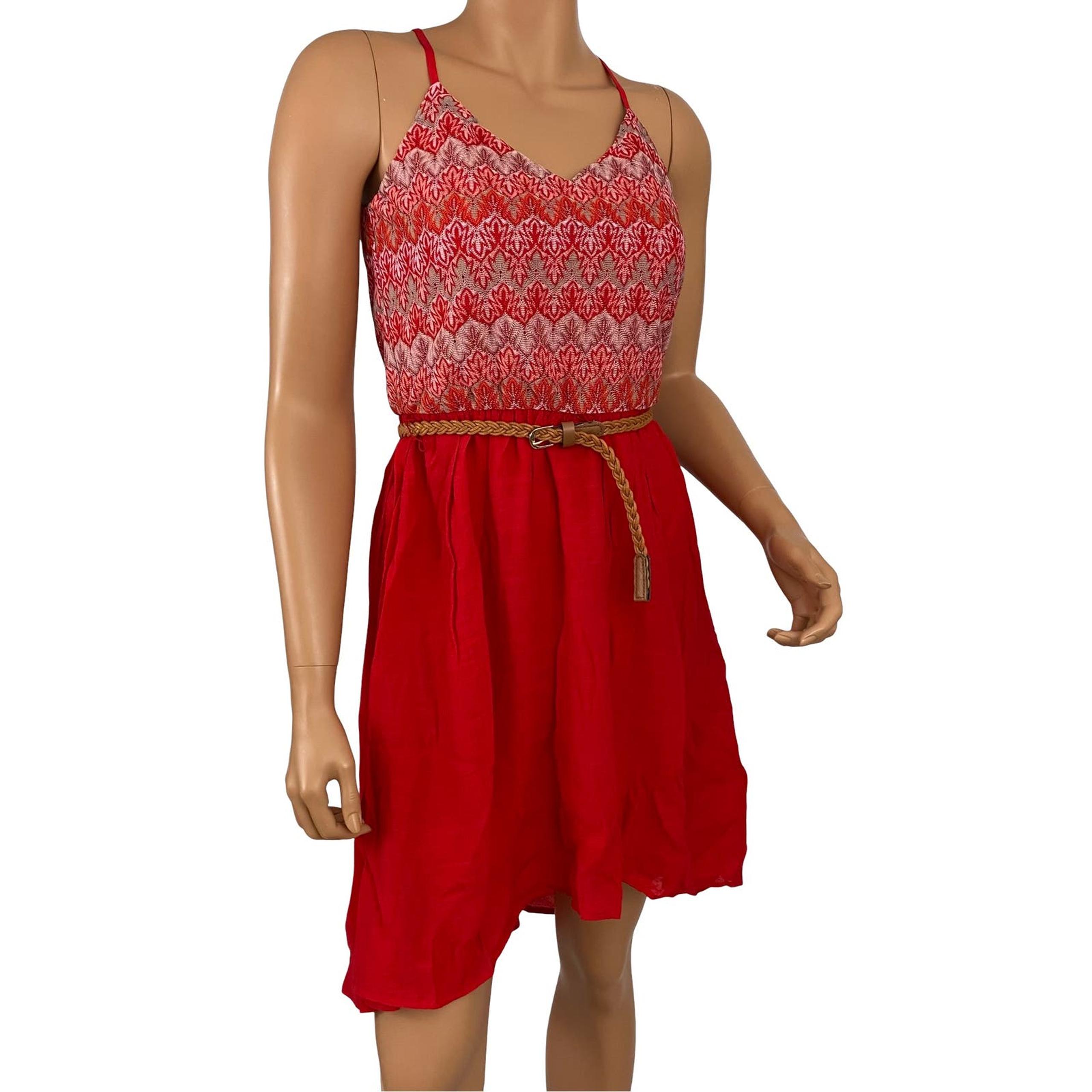 NWT Lily Rose Red Boho Embroidered High Low Bright Summer Belted Dress - Small