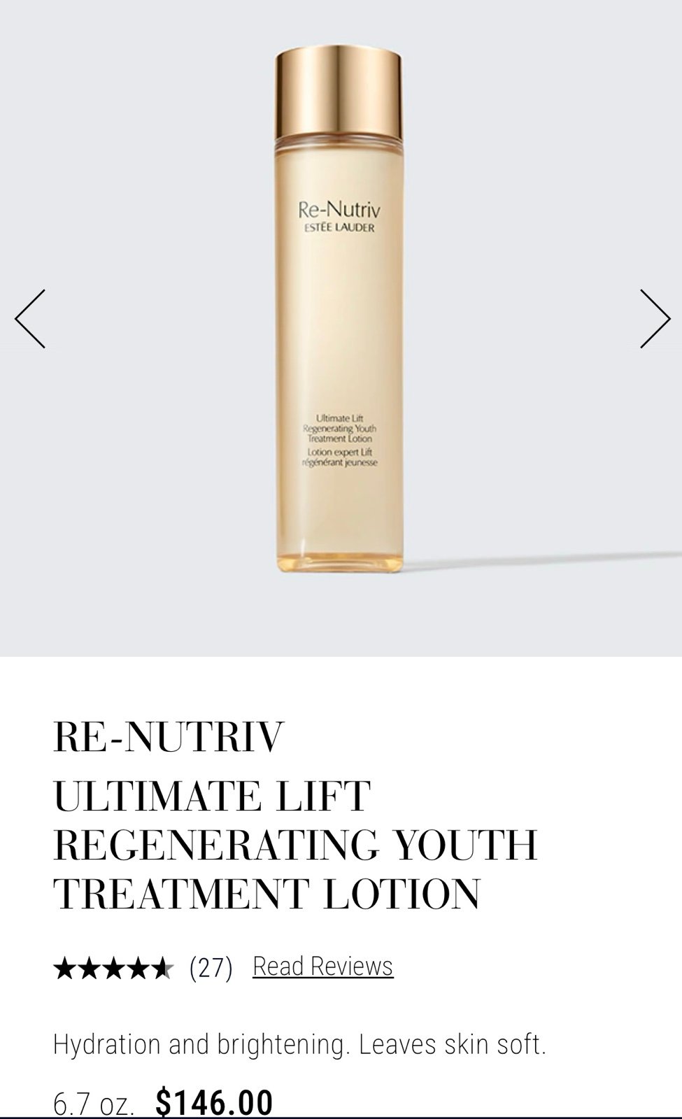 Estee Lauder Re-Nutriv Ultimate Lift Regenerating Youth Treatment Lotion 6.7 Oz