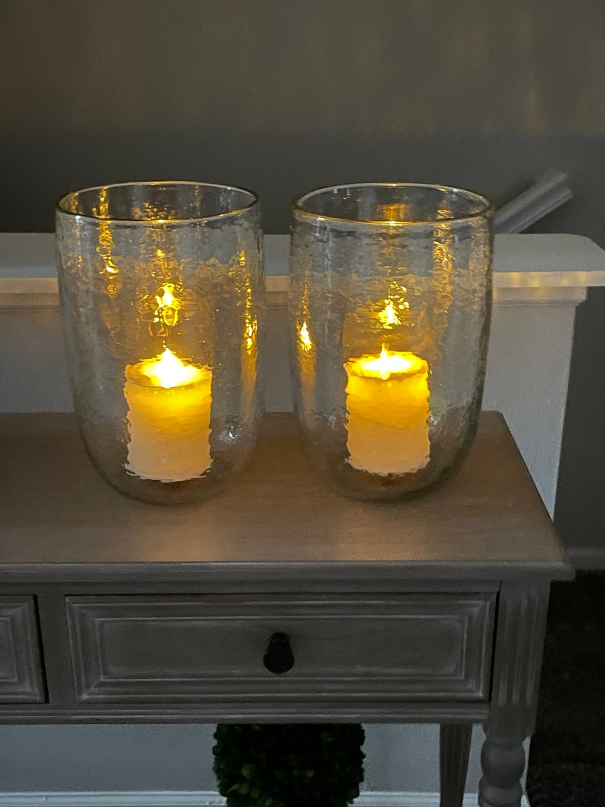 Pottery Barn-SET OF 2-READ DESCRIPTION-Glass Hammered Hurricane Candle Holders