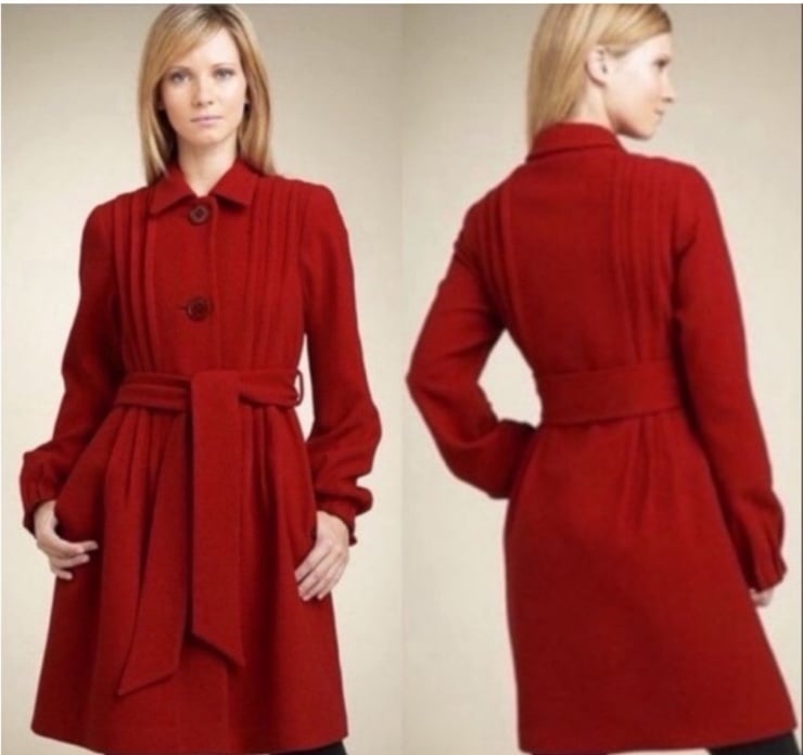 Theory Panya Wool Pleated Coat Size Medium Red Belted Button Up Mid Length