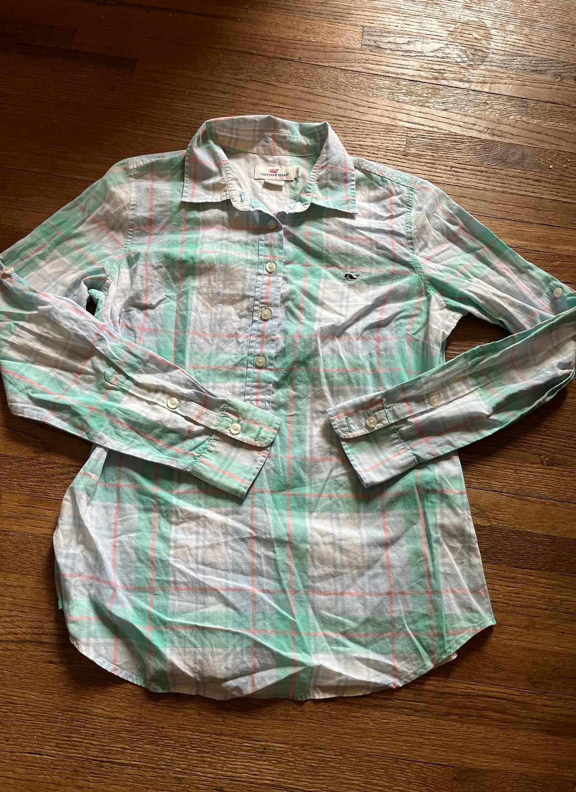 Women’s Vineyard Vines 100% Cotton Popover Green Plaid Button Up Shirt Sz. 2
