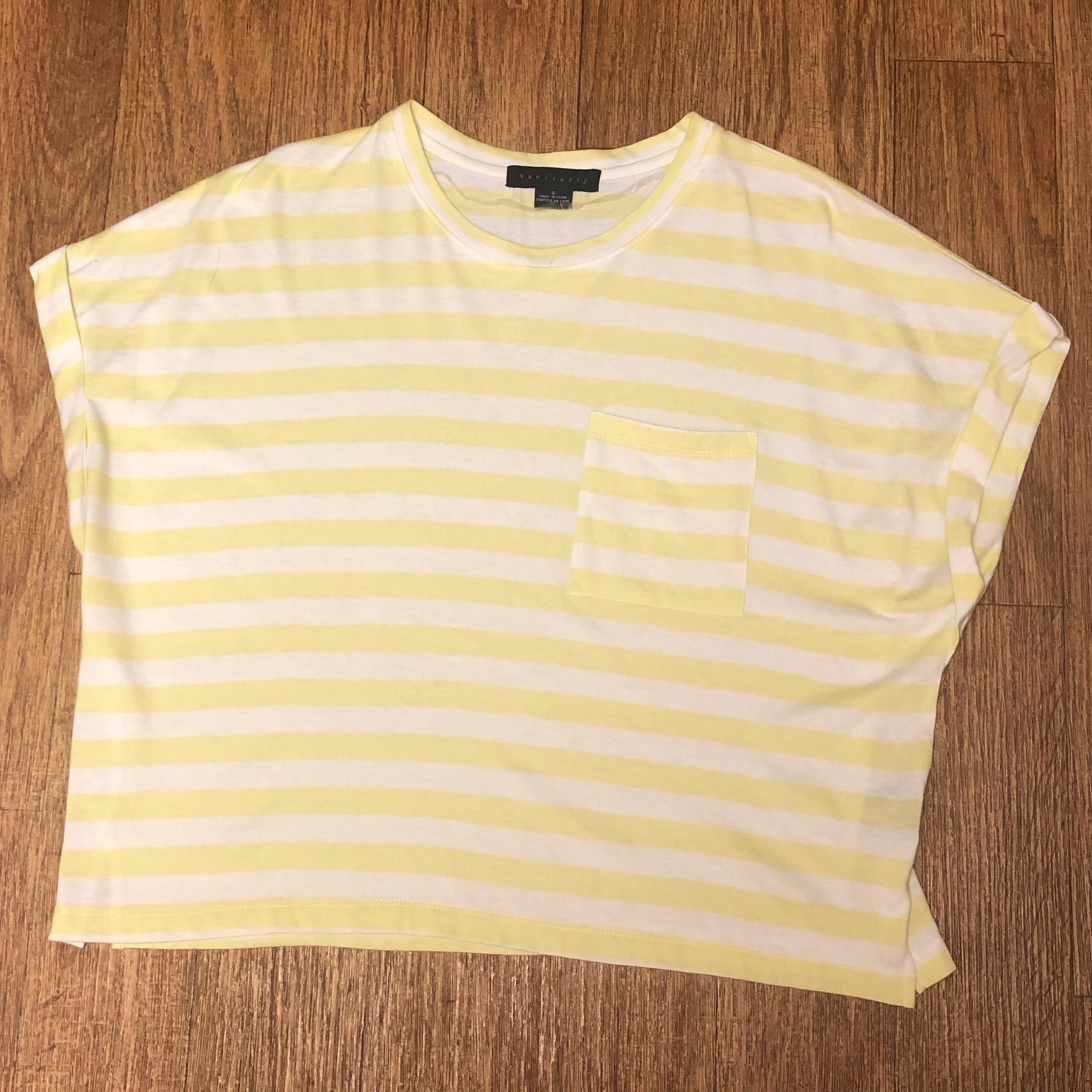 Sanctuary Yellow White Striped Pocket Cropped Short Sleeve Shirt Size Small
