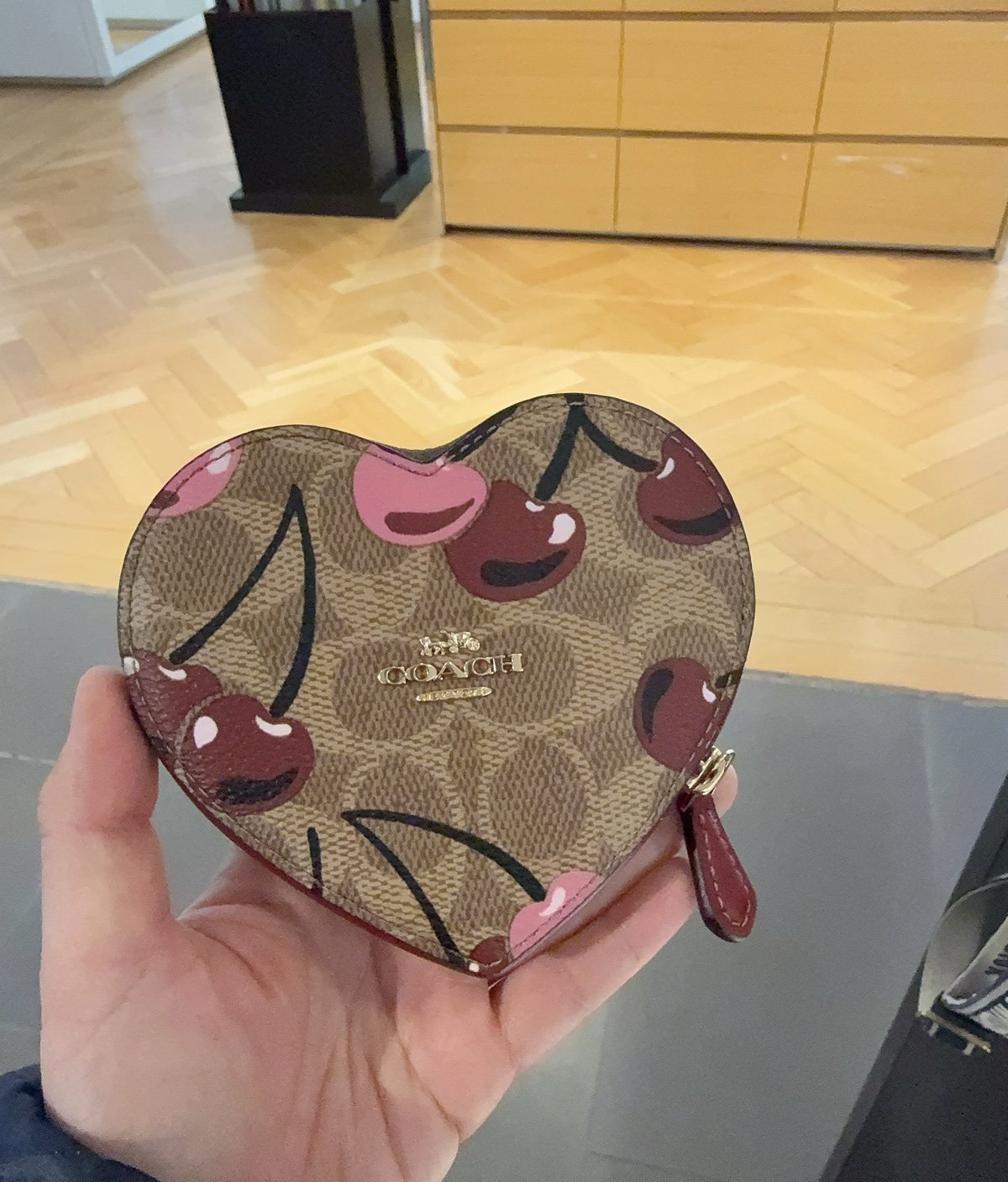 Coach Heart Coin Case In Signature Canvas With Cherry Print CZ476 NWT