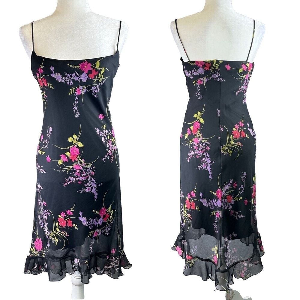 Vintage 90s Slip Sheer Dress Sz. 5/6 Floral Whimsigoth Ruffle Asymmetric Hem Y2K