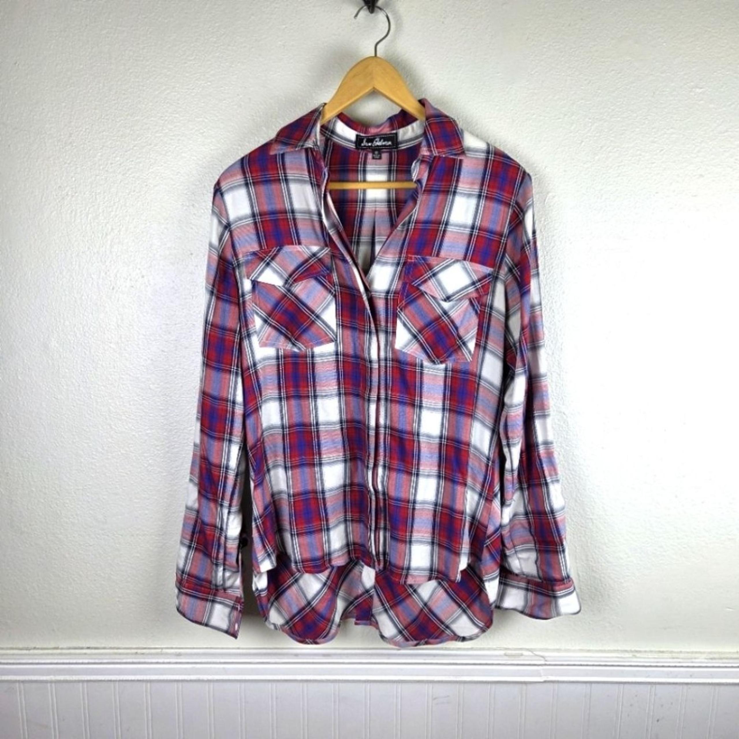Women's Sam Edelman Red and Blue Plaid Button-Up Roll Tab Shirt Size XS