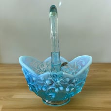 Vtg Fenton Glass Lily Of The Valley Aqua Blue Opalescent Handled Basket *read